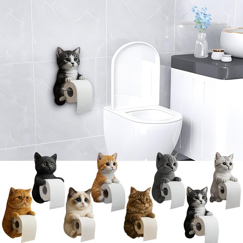3D Cat Toilet Paper Holder, Wall Mount Bathroom Tissue Roll Storage, Gray Tabby Cat Design, Resin Material (#03)