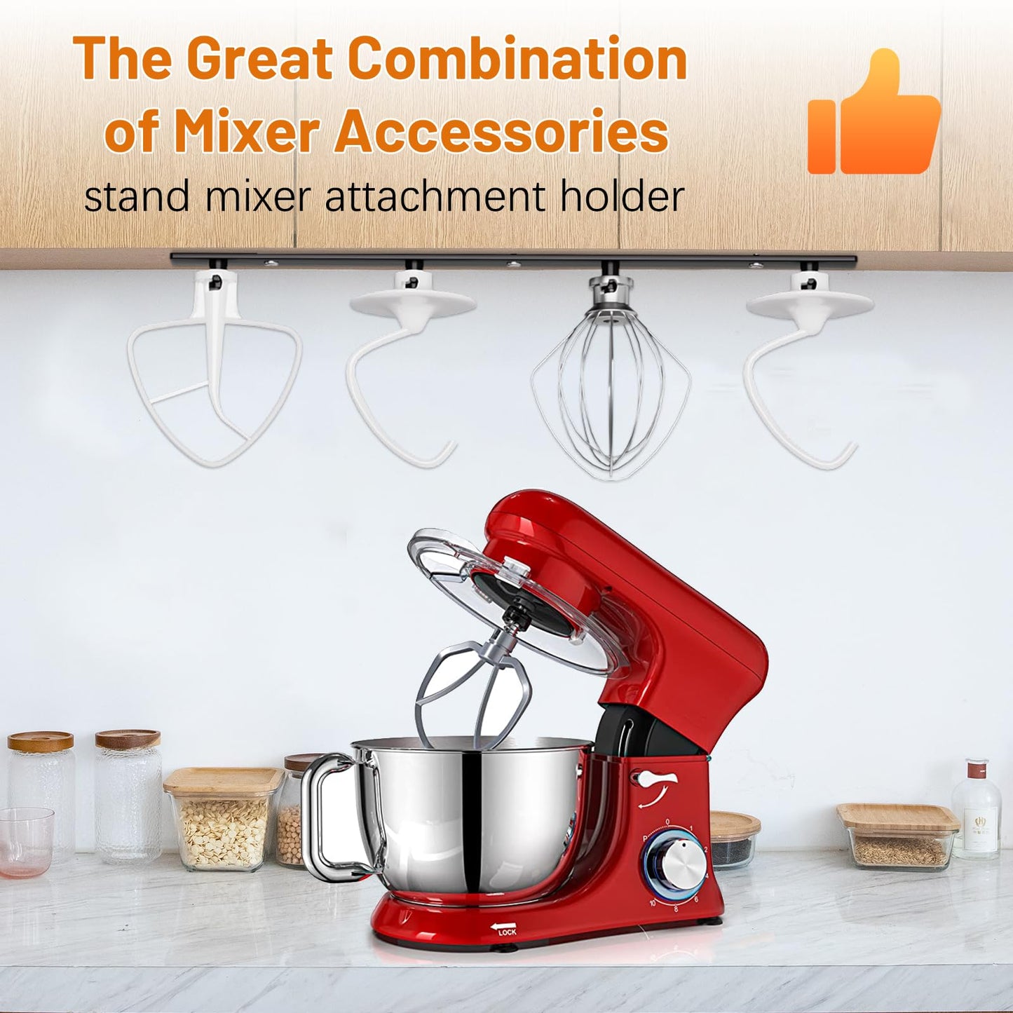 Stainless Steel Stand Mixer Attachment Holder Compatible with Kitchen aid Mixer Accessories,for Flex Edge Beater,Wire Whip,Flat Beater and Dough Hook,Kitchen Aid Attachments Organizer with 4 Hooks