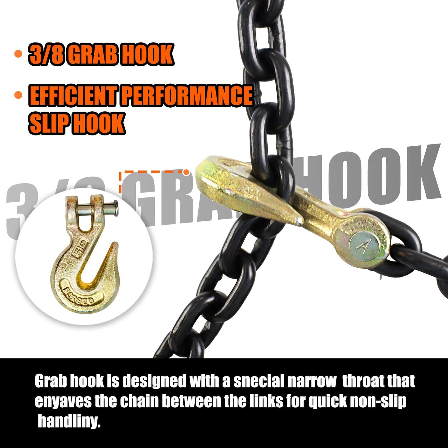 G80 Log Chain 5/16'' X 15 Feet Transport Chain with Clevis Grab Hooks | Heavy Duty Safety Chain WLL 4,900 lbs for Hauling & Towing