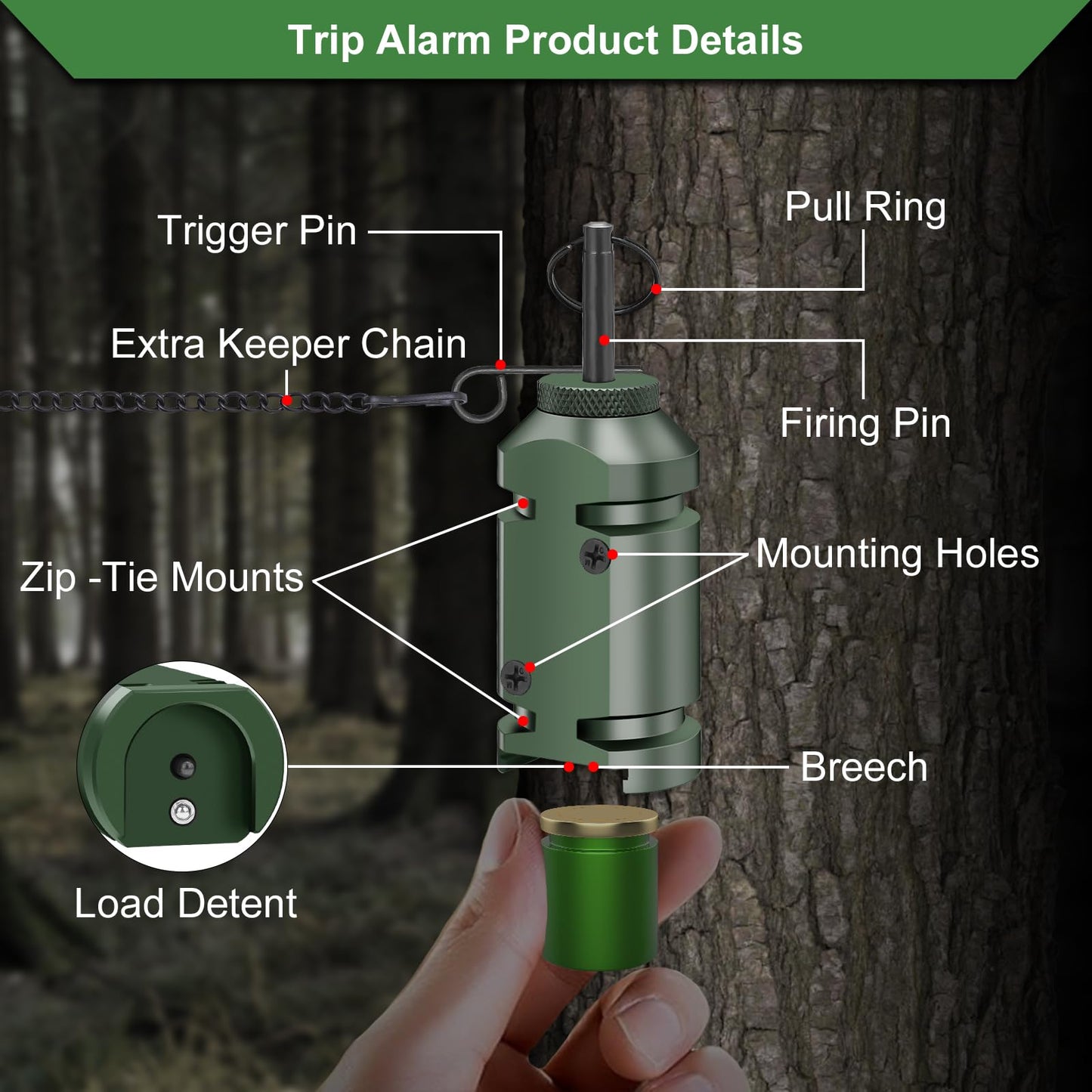Perimeter Trip Alarm,12 Gauge Camping Trip Wire Alarm Device with 4pcs Screws,Early Warning Security System for Outdoor and Property Safety/Bear Deterrent -Dark Green (Adapter Not Included