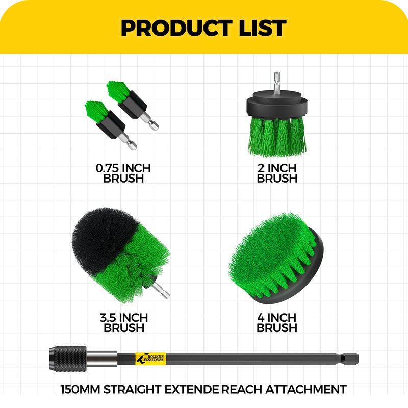 Holikme 6Pack Drill Brush Power Scrubber Cleaning Brush Extended Long Attachment Set All Purpose Drill Scrub Brushes Kit for Grout, Floor, Tub, Shower, Tile, Bathroom,Scrub Brush Green