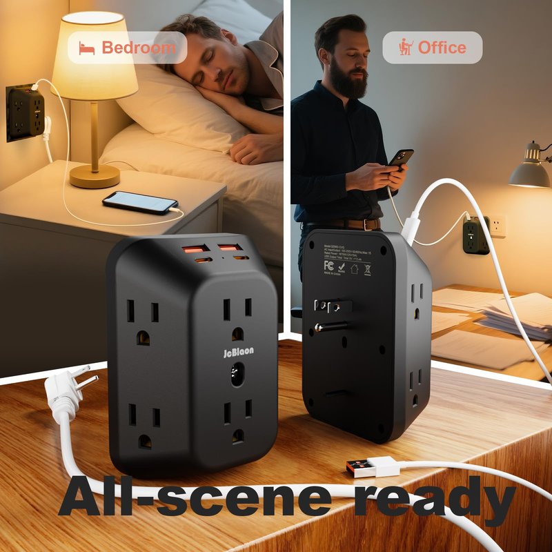 USB Wall Charger Electrical Outlet Extender, Surge Protector, 6 Outlet Splitter with 4 USB Outlet (2USB A, 2USB C) 4-Sided 1050J Power Strip Multi Plug Adapter for Home Office Travel
