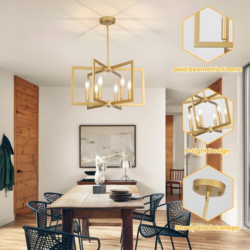 6-Light Gold Chandelier for Dining Room,22in Modern Farmhouse Pendant Light,Geometric Industrial Metal Hanging Light Fixture for Kitchen Island Entryway Foyer Living Room Bedroom