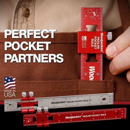 Woodpeckers Paolini Pocket Rule, Aluminum, 6 Inch, Woodworking Ruler with Sliding Stop, Vertical End Scale, Scribing Notch, Engraved Scales