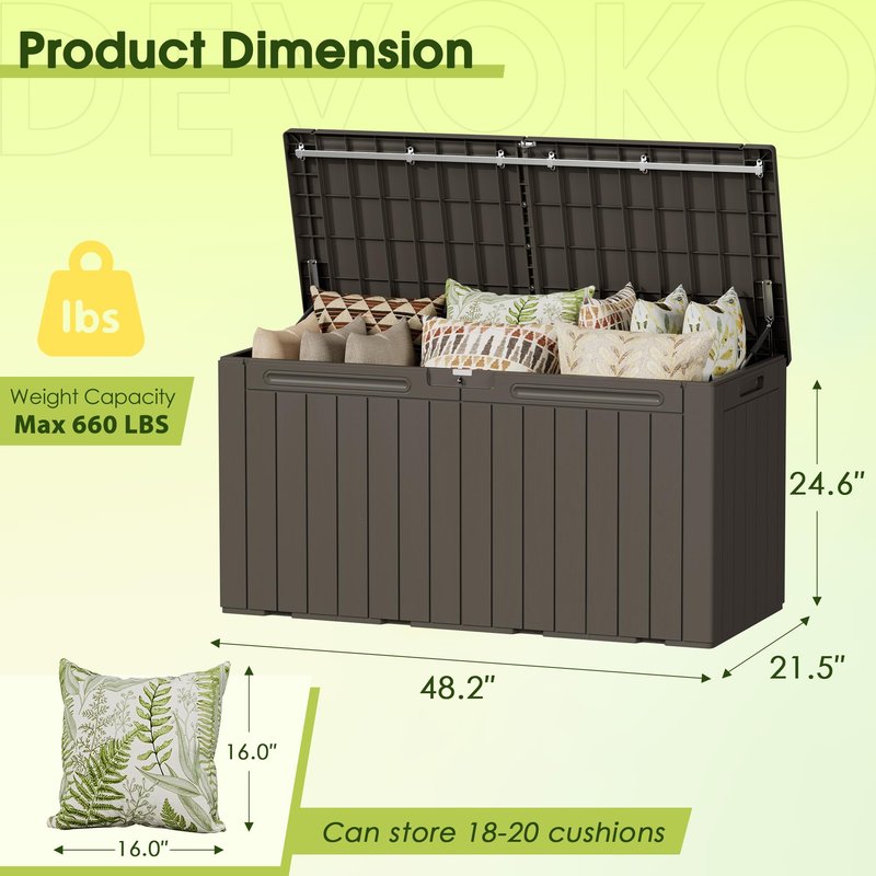 Devoko 100 Gallon Outdoor Storage Box, Waterproof Resin Deck Box for Patio Furniture, Lockable Container for Garden Cushions & Pool Supplies (Brown, 100 Gallon)
