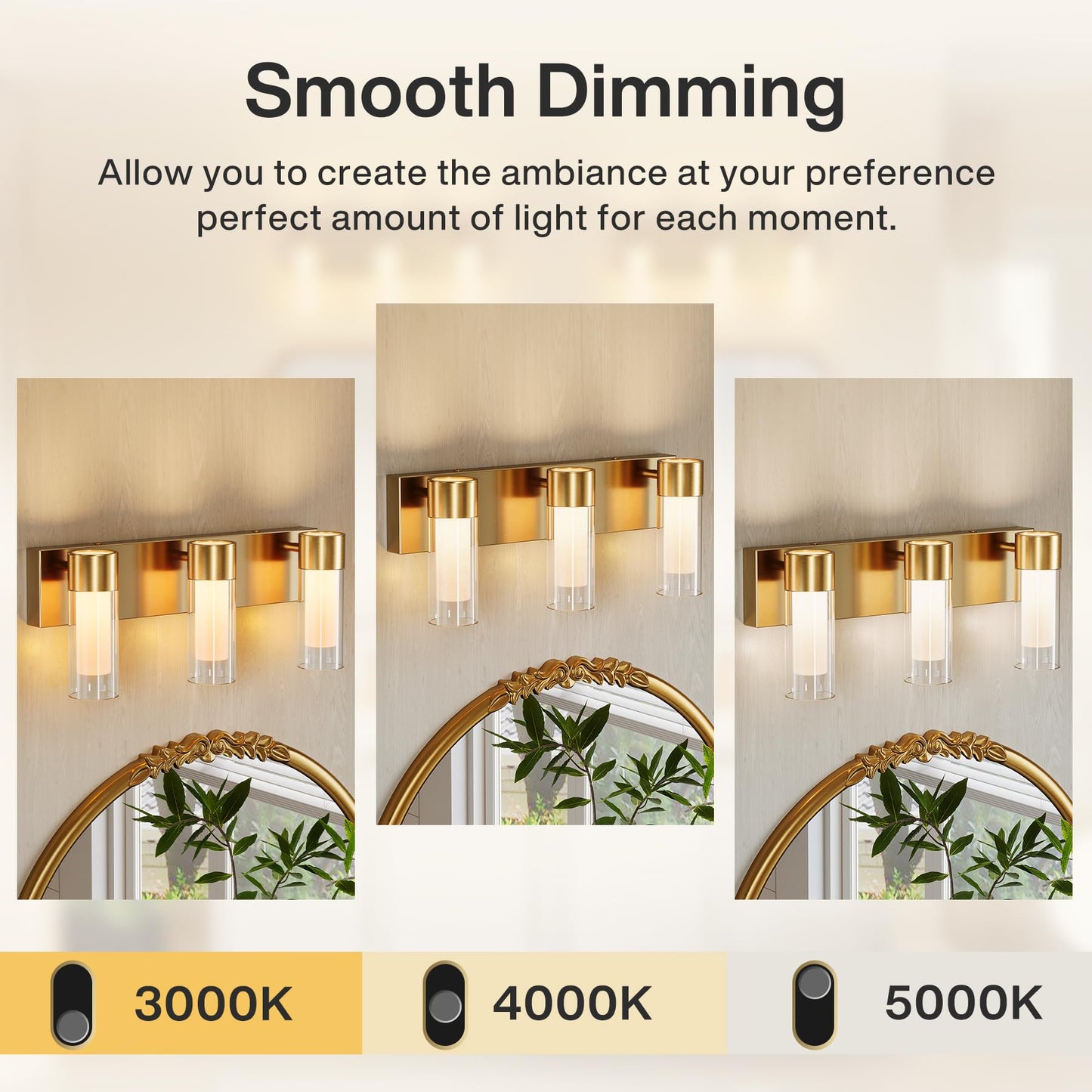Tribesigns LED Bathroom Light Fixtures, 3-Light Vanity Lights Over Mirror, Wall Lights with 3 Color Modes & Gold Finish, Wall Sconces with Clear Glass Shades for Bathroom Hallway Bedroom