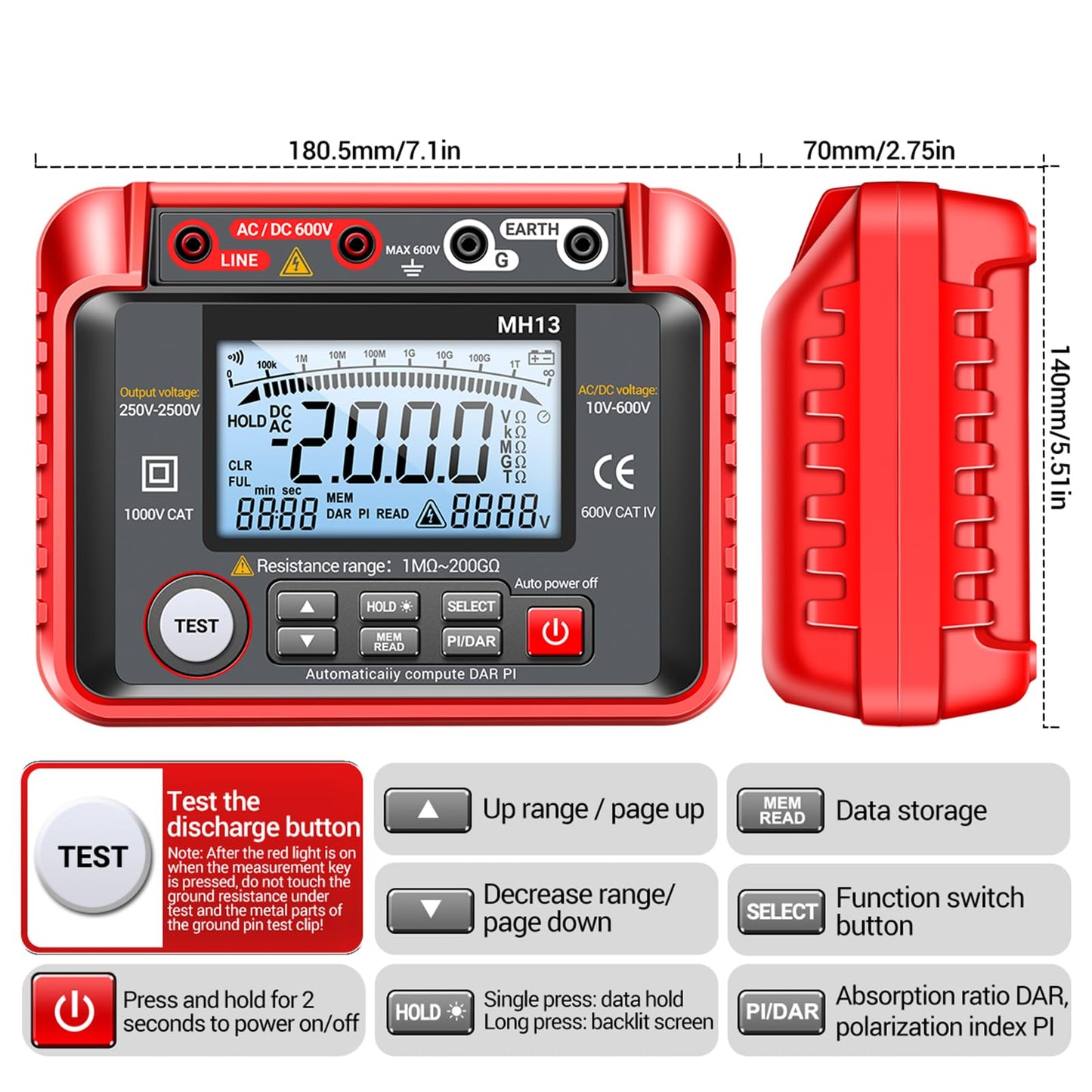 MH13 250V-2500V Digital Insulation Resistance Tester 1MΩ-200GΩ Megger Megohm Testing Meter Auto Range 2000 Counts LCD Display 10V~600V AC/DC Voltmeter with 100 Data Storage