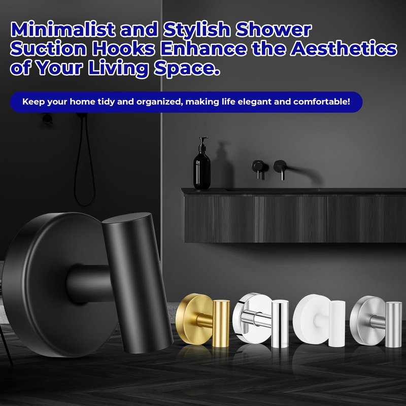 Suction Cup Hooks for Shower Heavy Duty, Shower Hooks No Drill, Shower Hooks for Inside Shower Stainless Steel, Suction Hooks for Window, Glass, Tile, Wall, Loofah, Bath Robe, Wreath, Black 2 Pack