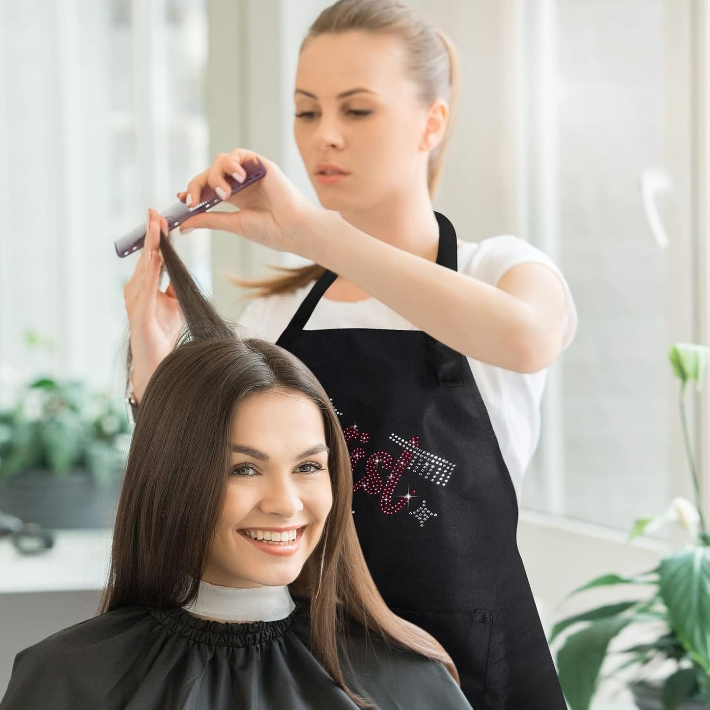 Coume 2 Pcs Hair Stylist Apron Hairstylist Salon Apron with Rhinestone Tools 3 Pockets Waterproof Hairdresser Barber