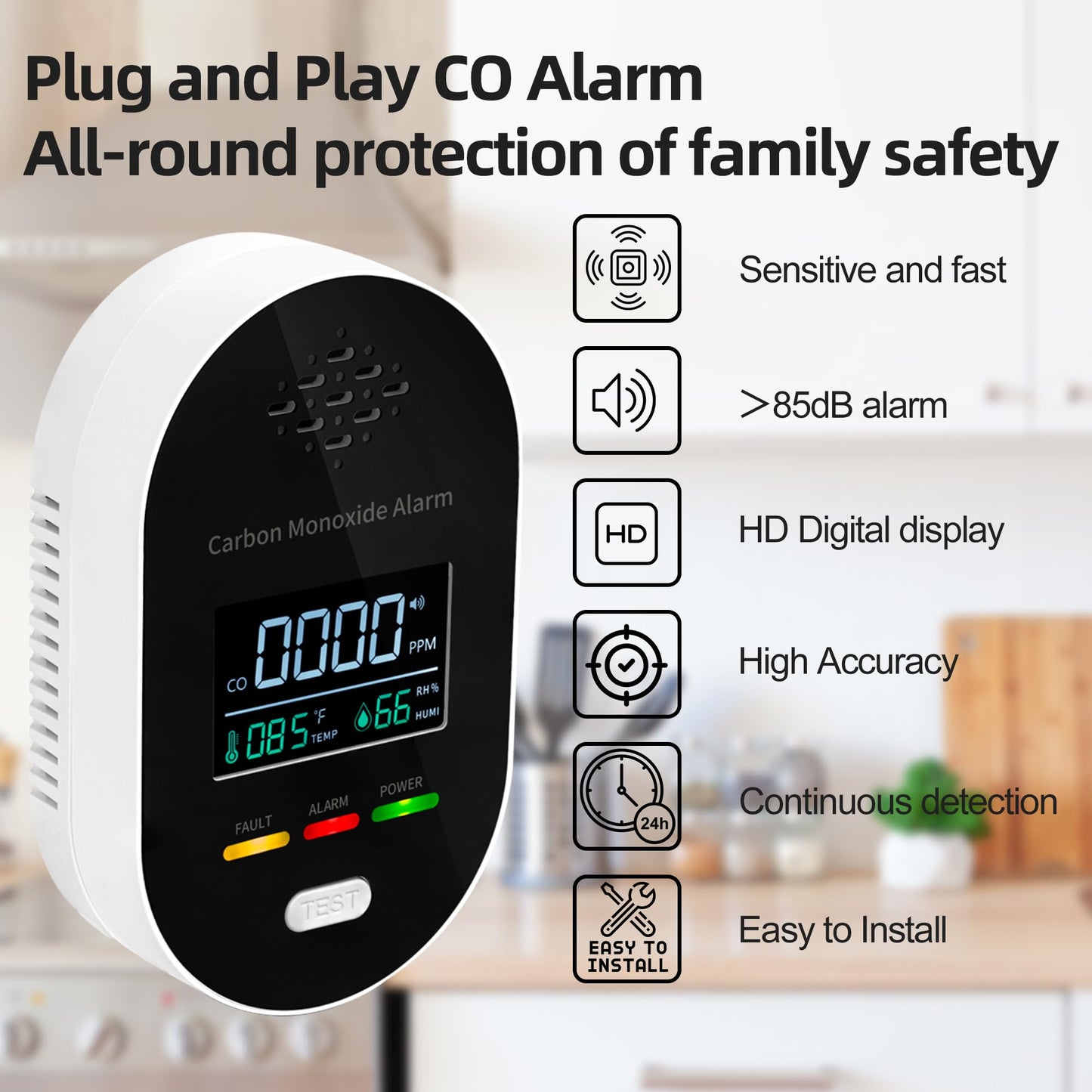3-in-1 Carbon Monoxide Detectors, Carbon Monoxide Detector Plug in with Temperature Humidity Sensor Built-in, Carbon Monoxide Alarm with Clear LCD Display and Sound Warning, Easy to Install
