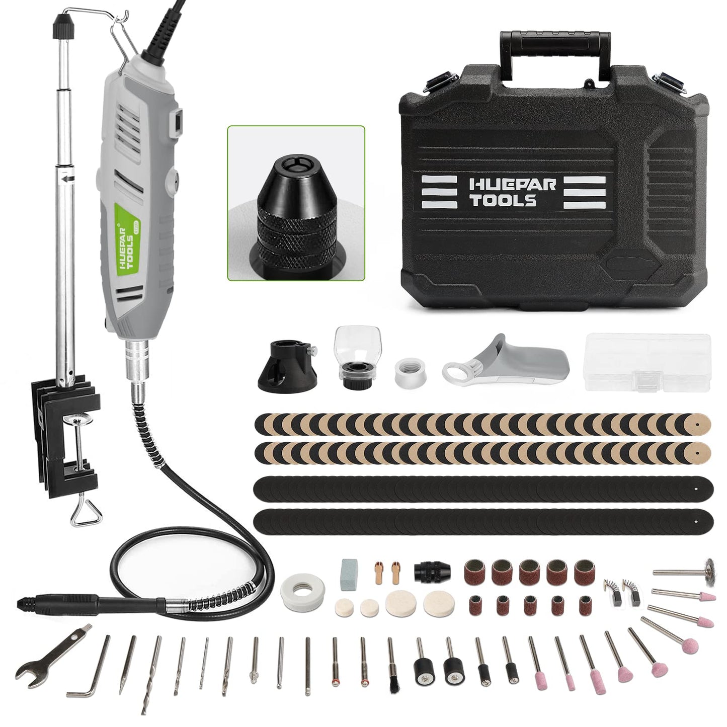 Rotary Tool Kit, 200W 1.8 AMP Huepar Tools with Flex Shaft 239pcs Accessories include MultiPro Keyless Chuck, 6 Variable Speed 10000-40000RPM Electric Drill Set for Crafting Projects and DIY Creations