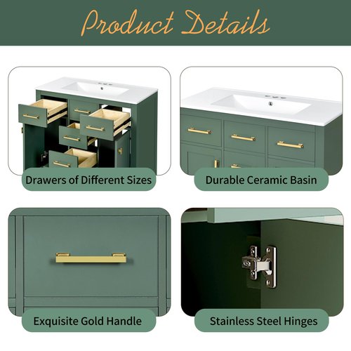 LUMISOL 36 Inch Bathroom Vanity with Sink, Modern Green Bathroom Vanity with 4 Drawers & 2 Soft-Close Doors, Solid Wood Bathroom Sink Cabinet with Ceramic Sink, Green