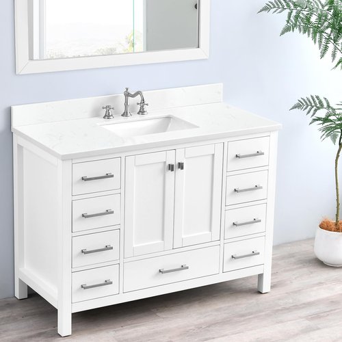 LOCALAND 48 Inch Vanity Sink Top, Engineered Stone Composite Vanity Top with Sink, Vanity Top with Rectangular Ceramic Sink in Ariston White, with 8 Inch Widespread Faucet Hole and Backsplash