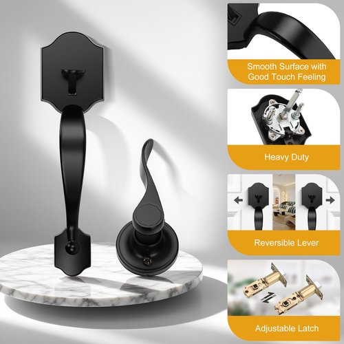Probrico Black Heavy Duty Front Entry Handleset, Passage Lock Grip Handle with Wave Lever Keyless Door Locks, Interior and Exterior Entrance Door Handle with Reversible Handed Lever,1Pack