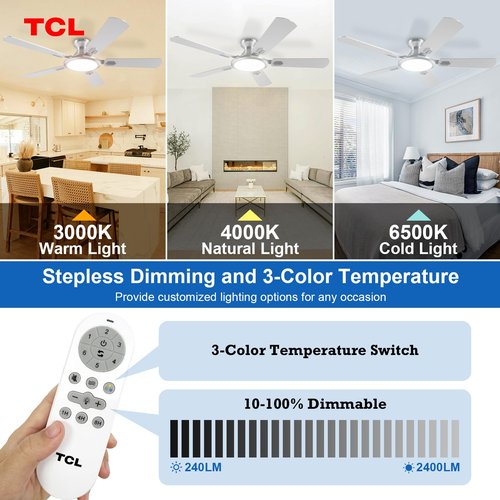 TCL Ceiling Fans with Lights, 52 Inch Low Profile Ceiling Fan with Light and Remote Control, Flush Mount, DC Reversible Motor, Noiseless, 6 Speeds Ceiling Fan for Bedroom (Silver)