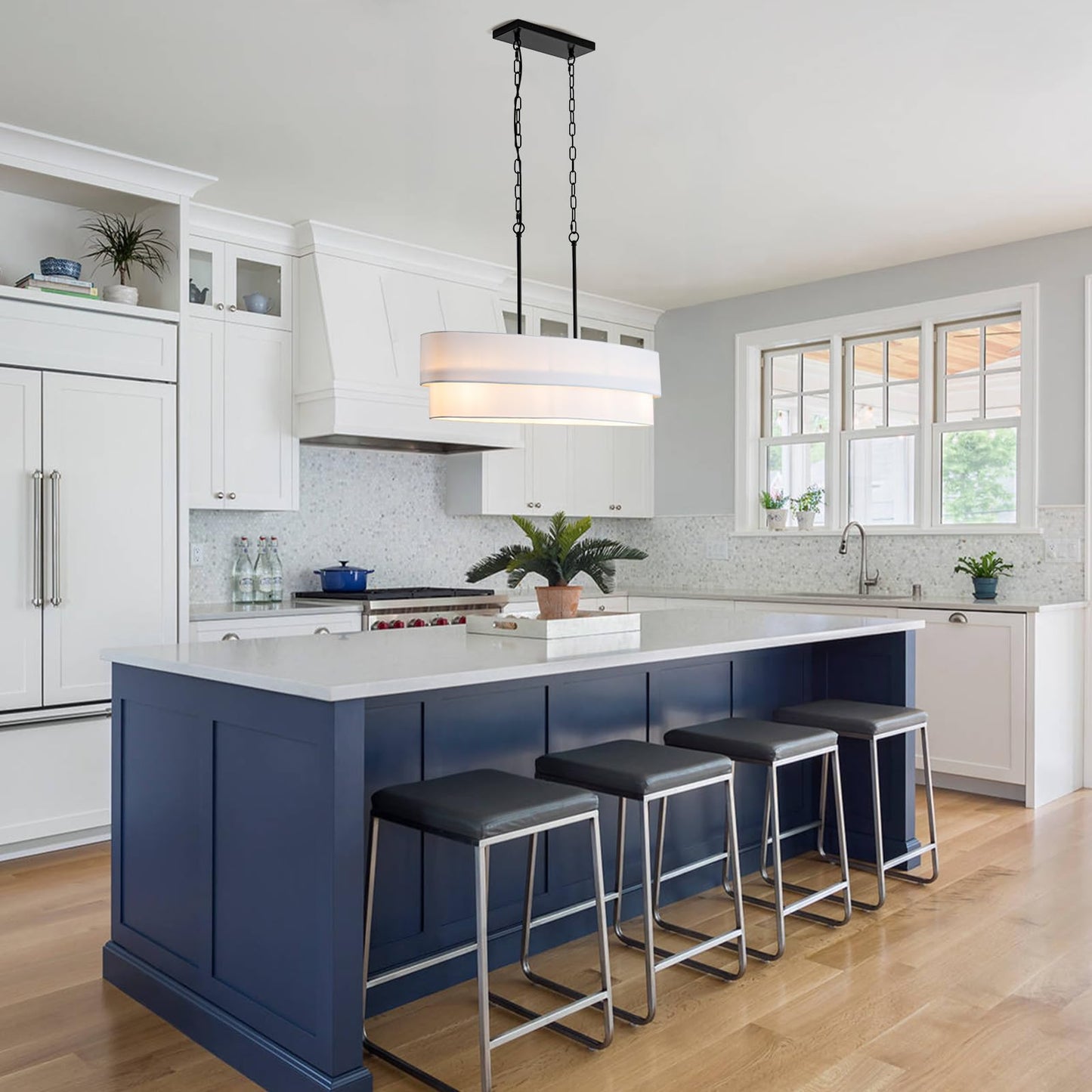 DWLGIGH 33.4" Modern Dining Room Chandelier, 4-Light Linear Chandelier with White Double Oval Linen Shade Large Hanging Pendant Light for Over Table Entryway Foyer Kitchen Island Light Fixture, E26