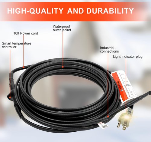 HEATIT 24ft Roof and Gutters Heating Cable with 10ft Lighted Plug Heavy-Duty Heat Tape, 120V 8W/ft