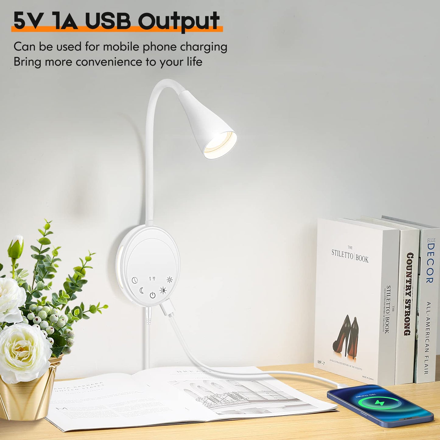 SANKEDOU LED Wall Mounted Reading Light, Book Light for Reading in Bed with Touch Control, 5 Dimmable, USB Output, Night Light & Timers Function, Flexible Gooseneck Headboard Bed Lights (White)