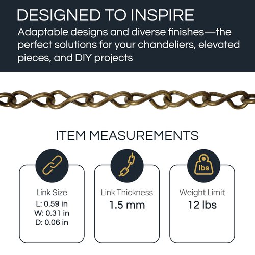 RCH Hardware CH-S50-16-BLK-3 | 14 Gauge Decorative Solid Steel Single Jack Fixture Chain | 3 Foot Increments | Black Finish