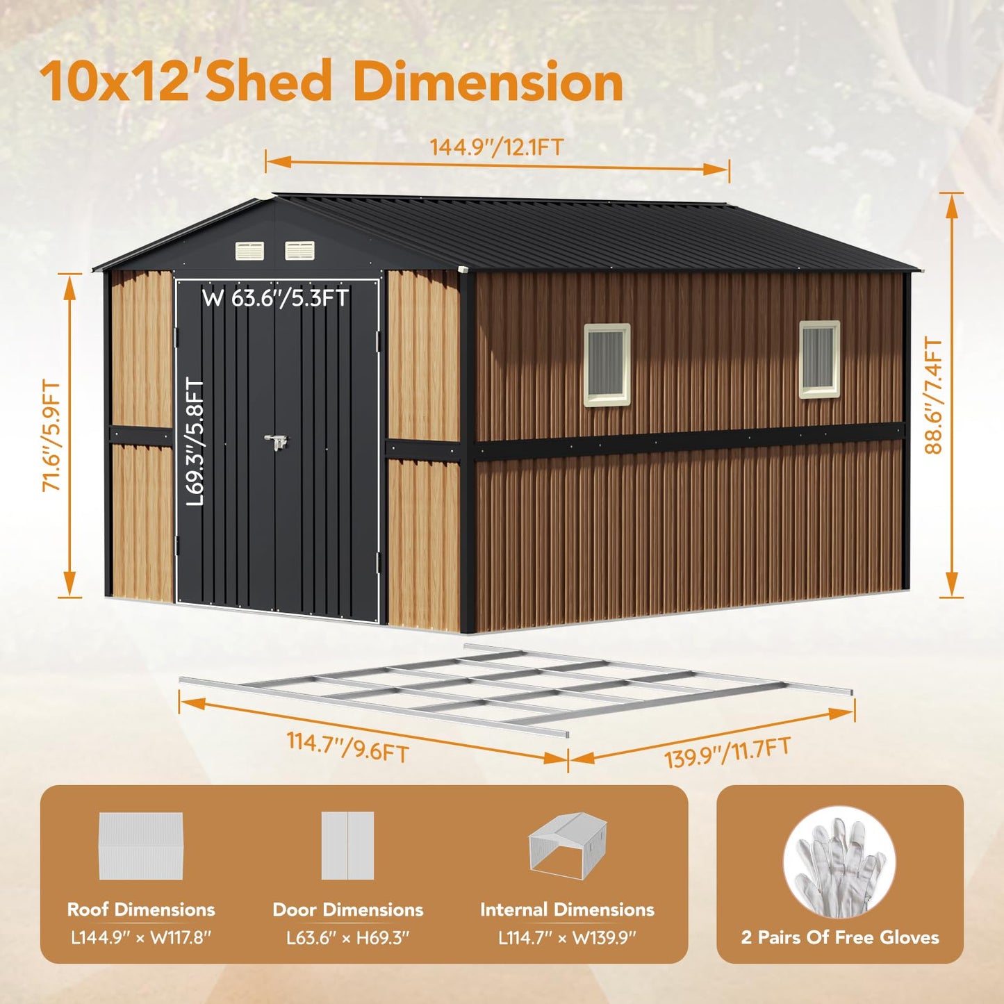 Panovue 10X12 FT Outdoor Metal Storage Shed with Lockable Doors & 2 Windows, Storage Shed Large with Metal Frame Floor for Patio Storage, Garbage Can, Chicken Coop(Wood Panels Not Included)