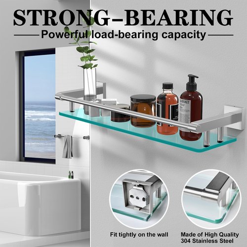 SFGSOWOR 20IN Glass Shelf for Bathroom Nickel Rectangular Stainless Steel Tempered Glass Modern Wall Mount Shelf Sink Over Toilet Bathroom Shelves (Brushed Nickel, 20‘’)
