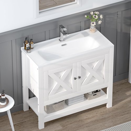 4ever2buy Farmhouse Bathroom Vanity with Sink, 35 Inch Bathroom Vanity Cabinet, Freestanding Vanity, 2 Doors and Open Shelf, Bathroom Cabinet with Ceramic Sink, White