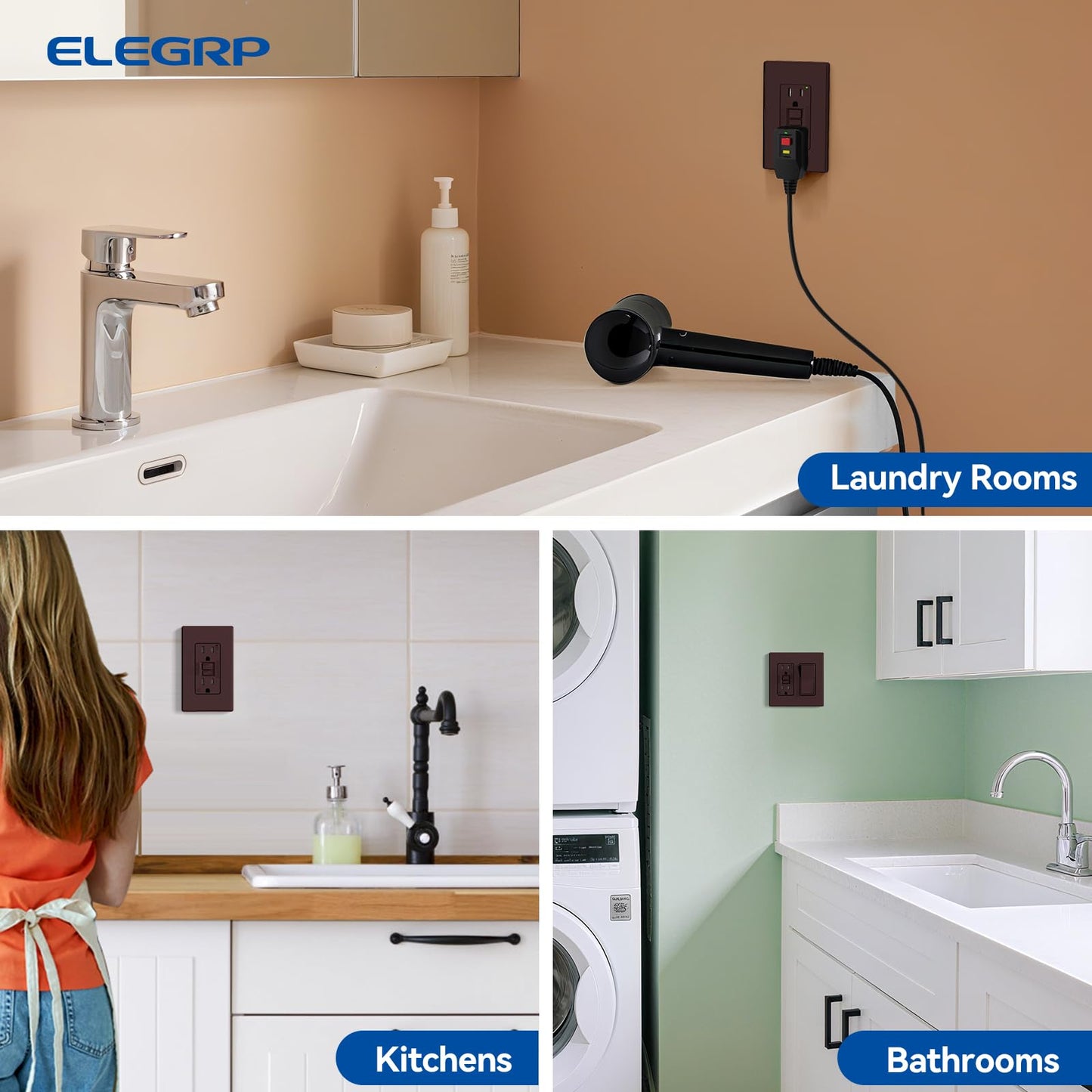 ELEGRP GFCI Outlet 15 Amp, Self-Test GFI Electrical Outlet with Thinner Design, TR Tamper Resistant GFCI Receptacle, Ground Fault Circuit Interrupters with Wall Plate, UL Listed, Matte Brown, 2 Pack