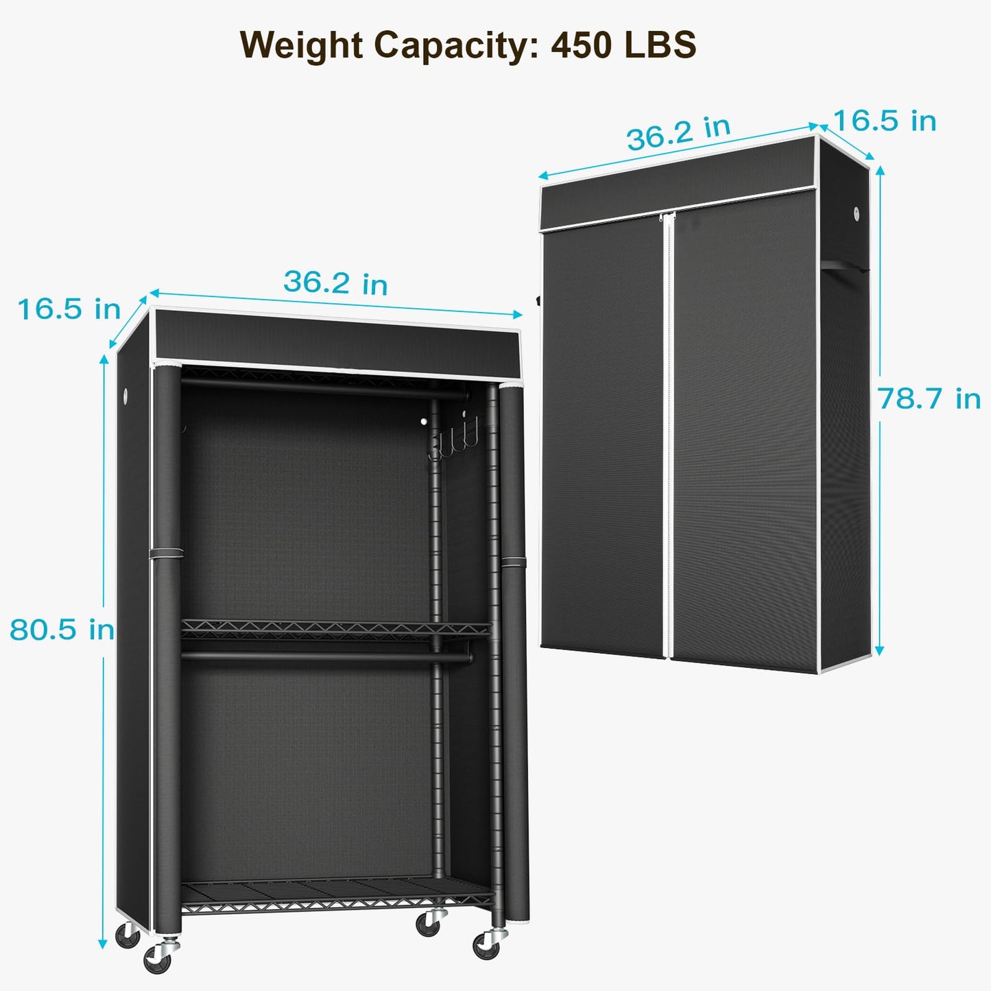 FUTASSI Clothing Rack with Cover, P1C Rolling Closets with Wheels, Metal Garment Rack for Hanging Clothes, Clothing Storage Wardrobe with Cover, 36.2" W x 16.5" D x 80.5" H, Black, Load 450 Pounds