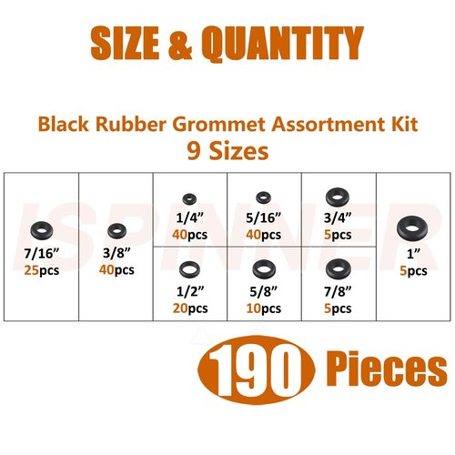 ISPINNER 190pcs Rubber Grommet Assortment Kit, 9 Sizes Eyelet Ring Gasket 1/4" 5/16" 3/8" 7/16" 1/2" 5/8" 3/4" 7/8" 1" (Black)