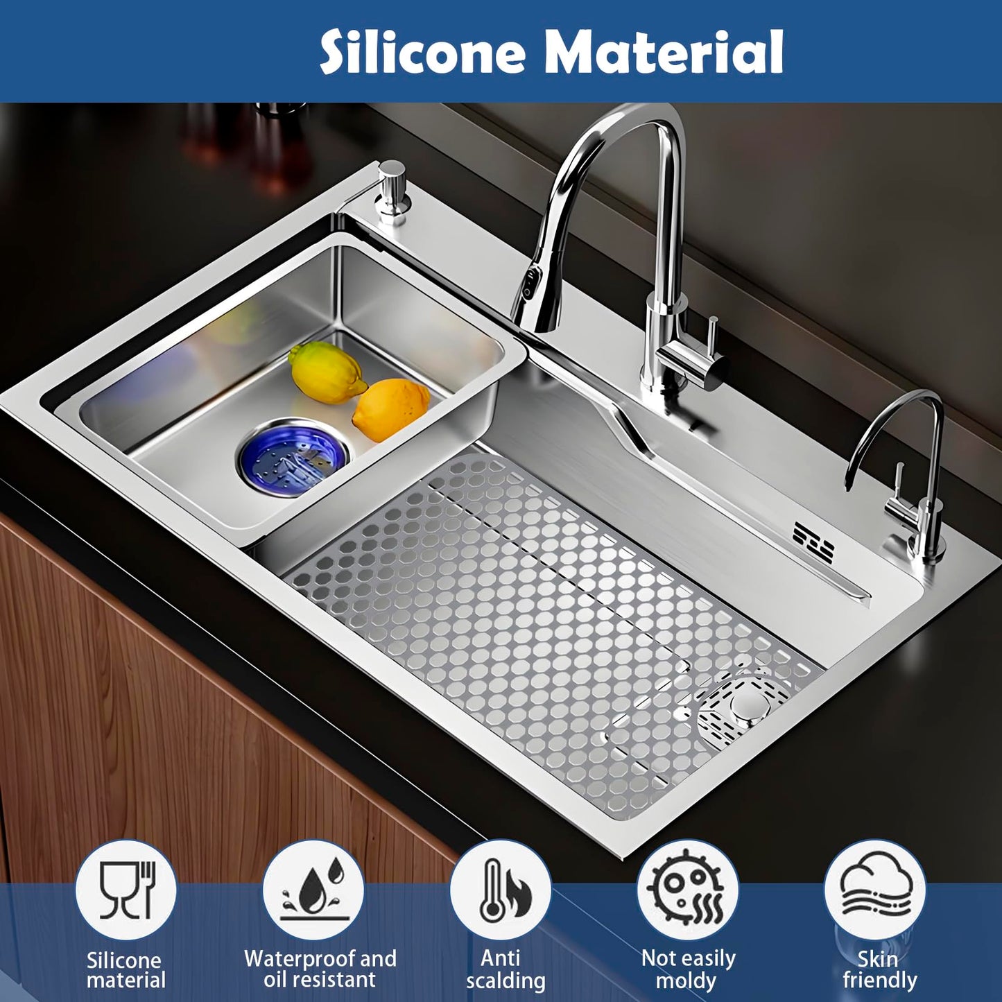 Kitchen Sink Silicone Protector - 28.4" by 14.3" Heat Resistant Non-Slip Silicone Sink Mat to Protect Stainless Steel Sink, Left and Right Drain (Gray)