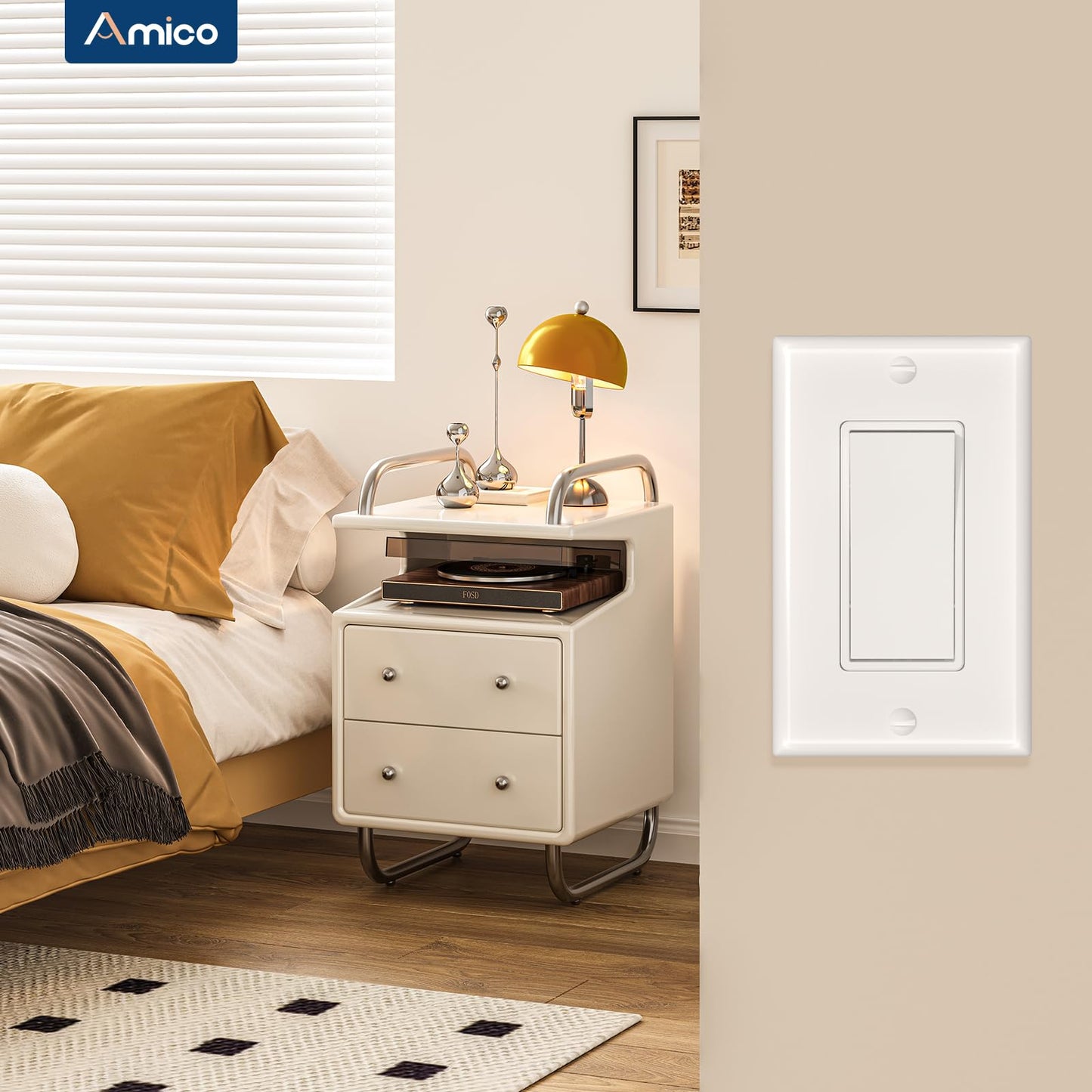 Amico 30 Pack Single Pole Light Switch with Wall Plate, UL Listed, 15A 120/277V, On/Off Rocker Paddle Interrupter Wall Switch, Grounding Screw, Residential Grade, Suitable for Home and Business, White