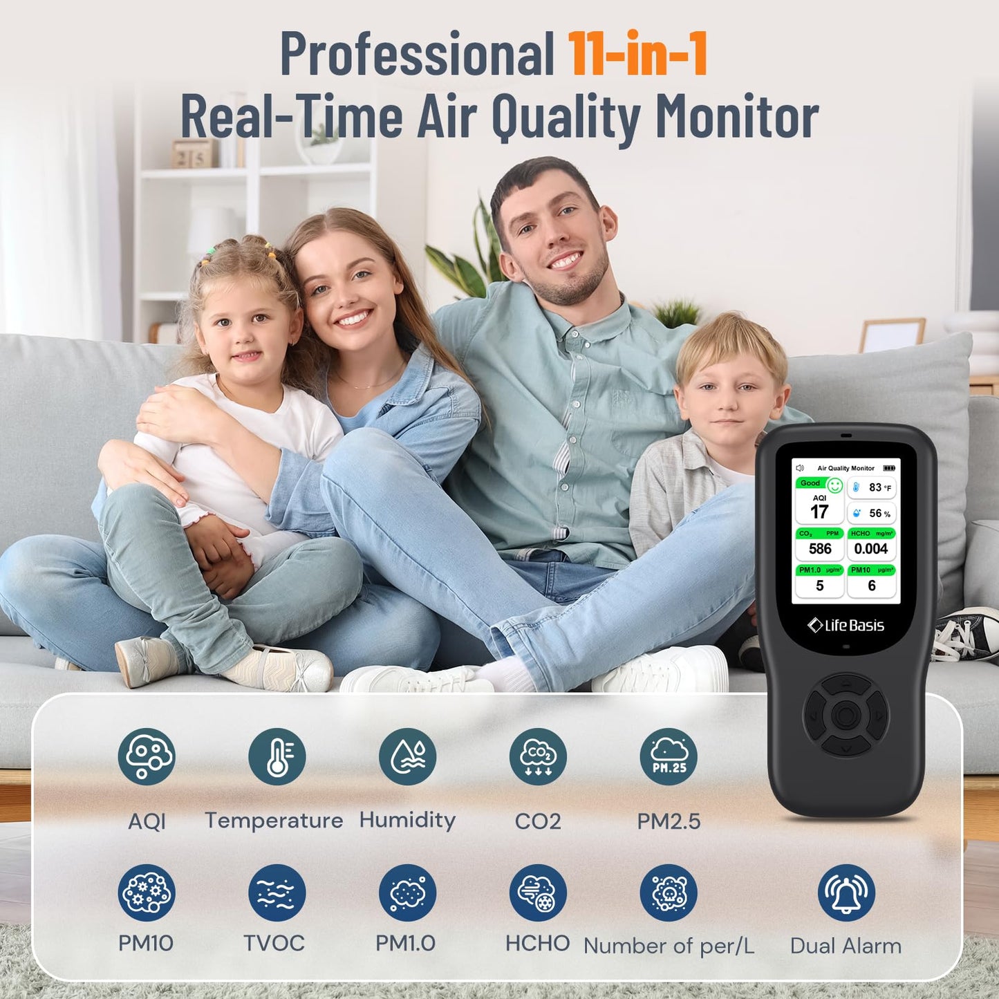 LifeBasis Air Quality Monitor Indoor, 11-in-1 Air Quality Detector with Stand, Real-Time Air Meter Test AQI, PM1.0, PM2.5, PM10, CO2, TVOC, HCHO, Particles, Temperature and Humidity, Dual Alert -Black