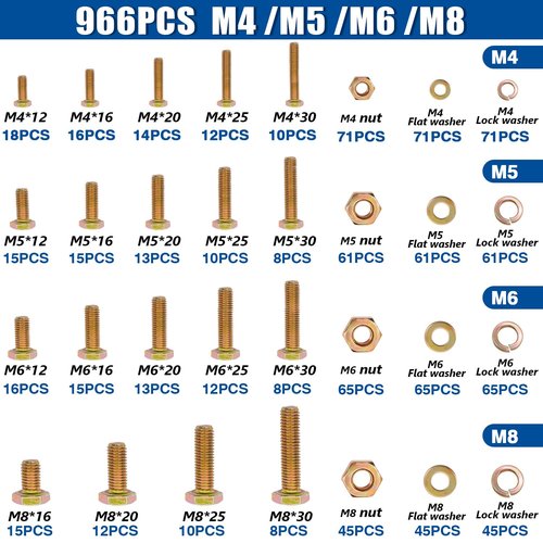 Taiss 966pcs Grade 8.8 Metric Bolt Assortment,Metric Bolts and Nuts Assortment,Bolt Kit M4 M5 M6 M8(12-30mm) Heavy Duty Hex Bolts and Nuts Kit Flat/Lock Washer Yellow Zinc Plated,with Handheld Box