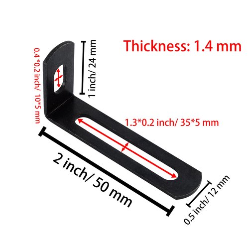 AUXBC 2"x1"x0.5"Adjustable Right Angle Brackets Metal L Bracket Heavy Duty 90 Degree Corner Fastener L-Shape Corner Brace Support Black Shelf Bracket , 10Pcs