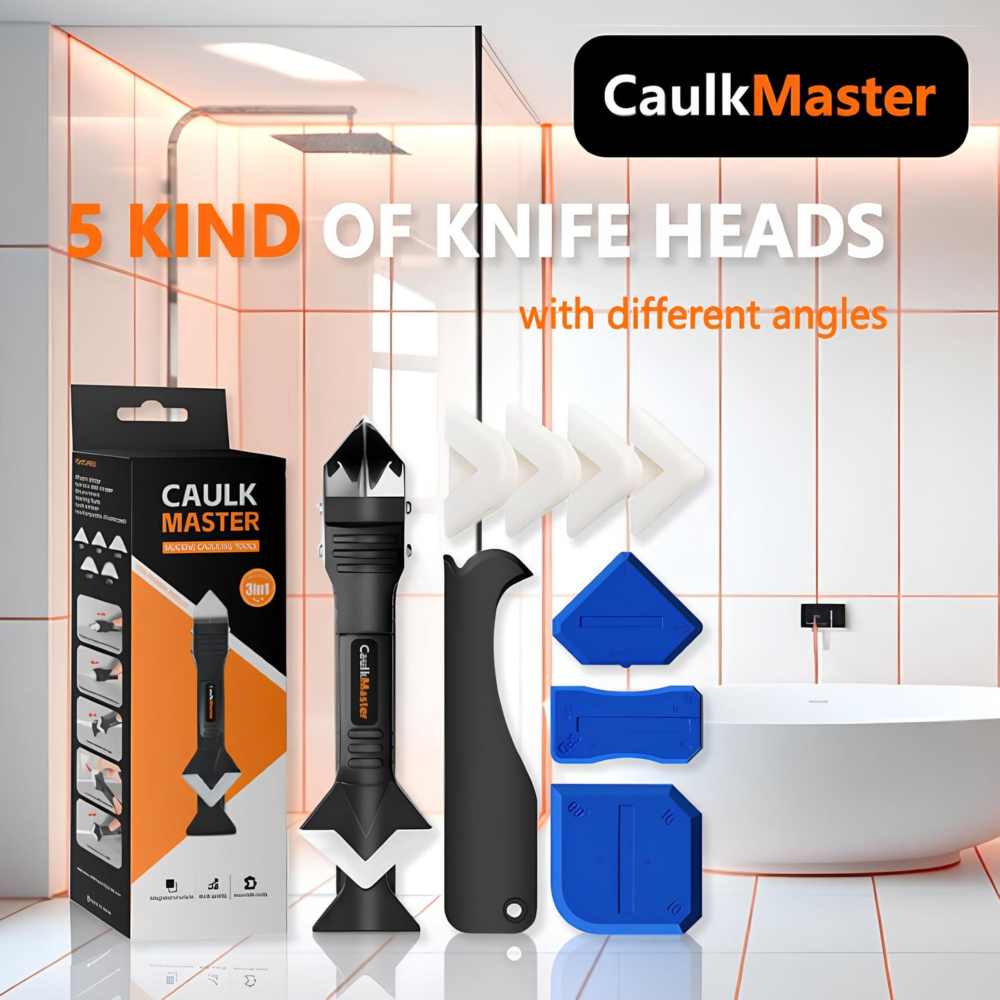 Silicone Caulking Tool Kit – Sealant Remover, Caulk Smoother & Finishing Tool, 3-in-1 Caulking Tool with 5 Pads, Steel Scraper & Corner Tools for Bathroom, Kitchen, Tile, Sink, Wall, Window, Bathtub