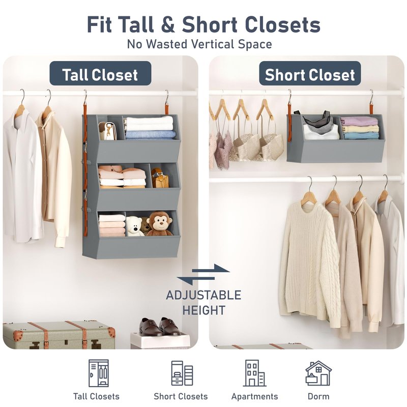 Hanging Closet Organizer Extra Large, Clothes Hanging Shelves for Closet with Divider, Collapsible Closet Storage System, Fabric Storage Bins for Home, Dorm, Rv, Sweaters, Handbags, Underwear, Sock