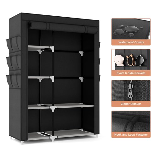 VTRIN Wardrobe Closet, 41.7 Inch Wide Portable Closets for Hanging Clothes with 1 Hanging Rod, 6 Shelves, 6 Pockets, Clothes Rack with Cover Portable Wardrobe Closet for Bedroom, Dorm, Black