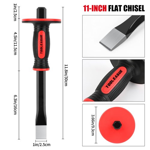 TOOLEAGUE 3Pcs Heavy Duty Masonry Chisel Set, Stone and Rock Tool,11-Inch Point & Flat Chisel, 8-Inch Brick Chisel with Hand Protection