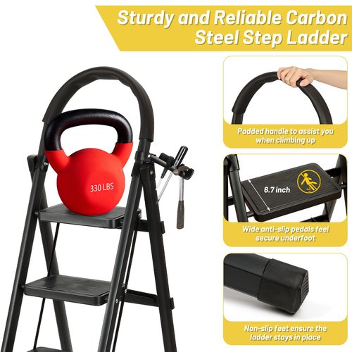 5 Step Ladder with Tool Storage Tray, Folding Step Stool with Wide Anti-Slip Pedal Handle, Sturdy Steel Tall Step Ladder Portable for Adults, 330lbs Capacity Lightweight for Kitchen Home Office, Black
