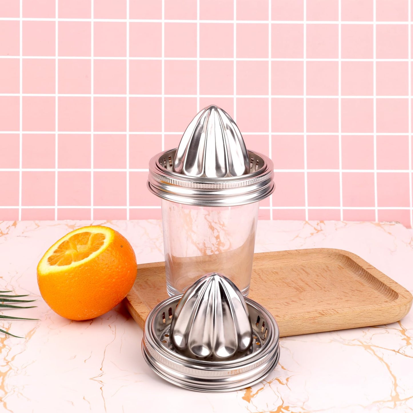 2pcs Mason Jar Juicer Lids for 3.38 Inch Wide Mouth Mason Jar, Stainless Steel Screw Top Lemon Juice Squeezer Lifestyle Manual Hand Juicer Accessories for Citrus Orange Lime