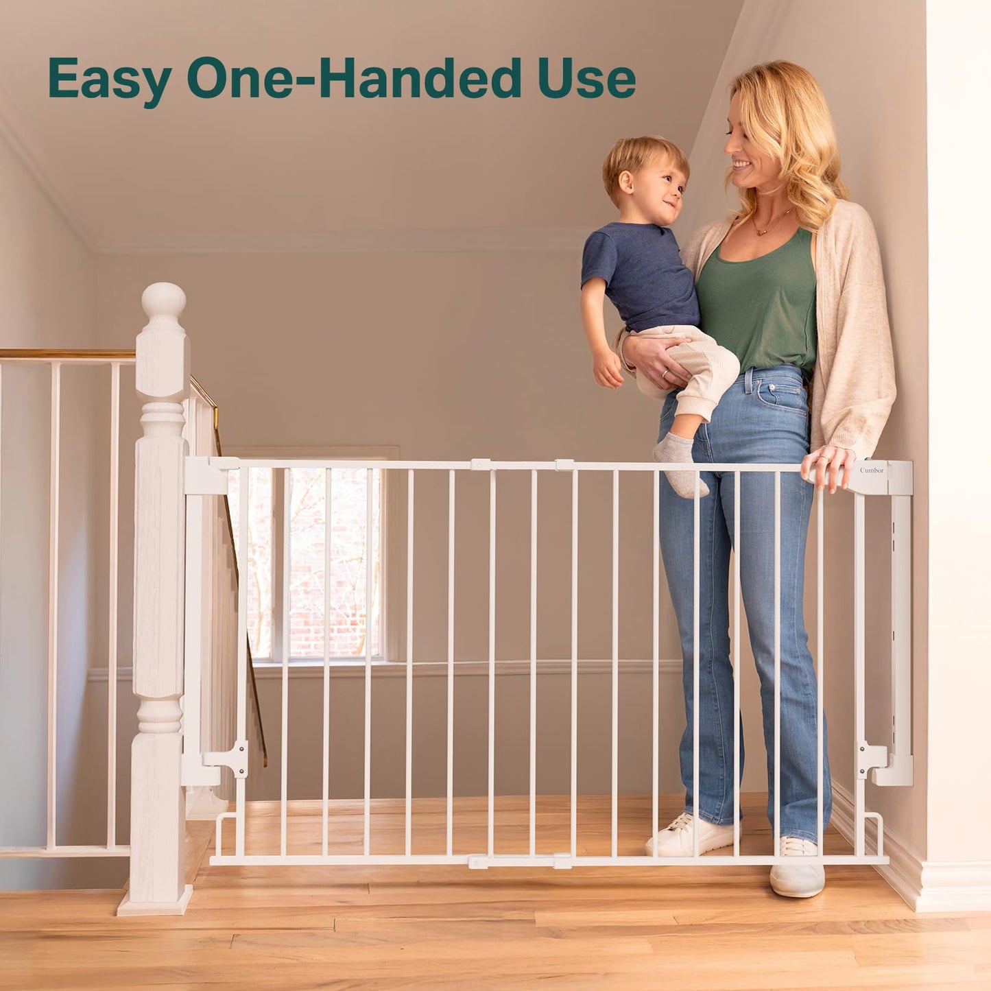 Cumbor Expandable 31.6-48" Baby Gate for Stairs, Hardware Mounted, 2-in-1 No Bottom Bar Dog Gate Indoor, Auto Close Pet Gate for Doorways with Large Walk Thru Door, Child-Proof Gate for Kids (White)