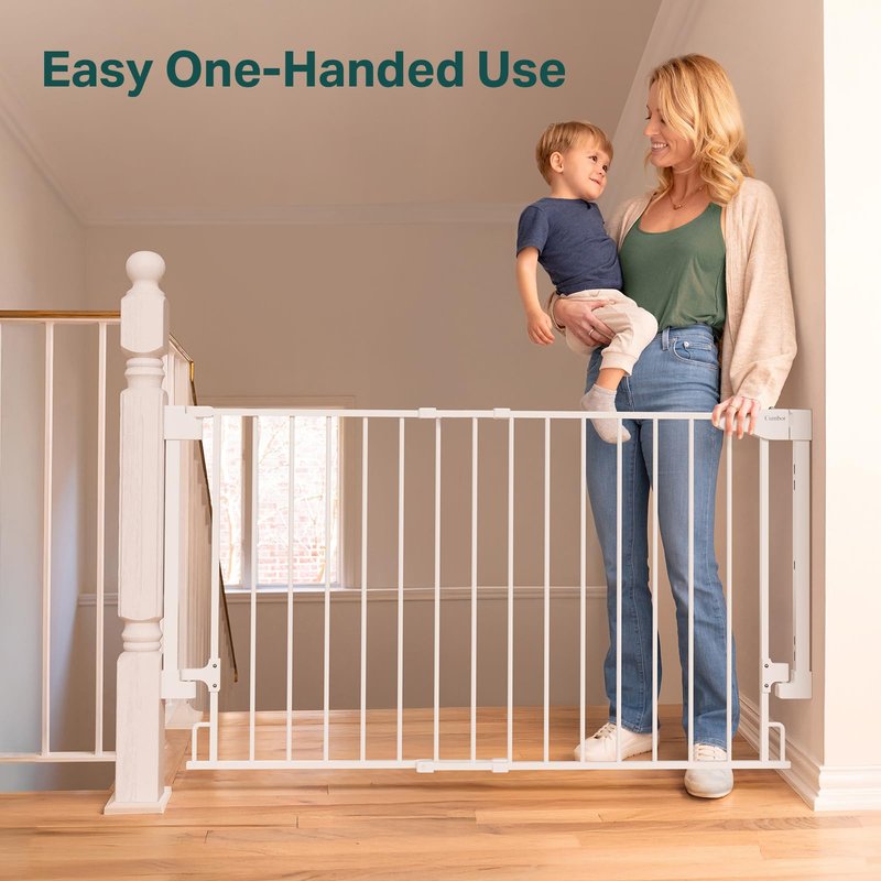 Cumbor Expandable 31.6-48" Baby Gate for Stairs, Hardware Mounted, 2-in-1 No Bottom Bar Dog Gate Indoor, Auto Close Pet Gate for Doorways with Large Walk Thru Door, Child-Proof Gate for Kids (White)