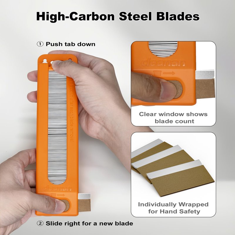 100-Pack Single Edge Razor Blades with Dispenser, Carbon Steel Scraper Blades, each Blades measures 1.5" x 0.75", Fits Standard Scrapers, for Removing Paint, Labels & Stickers, DIY & Professional Use