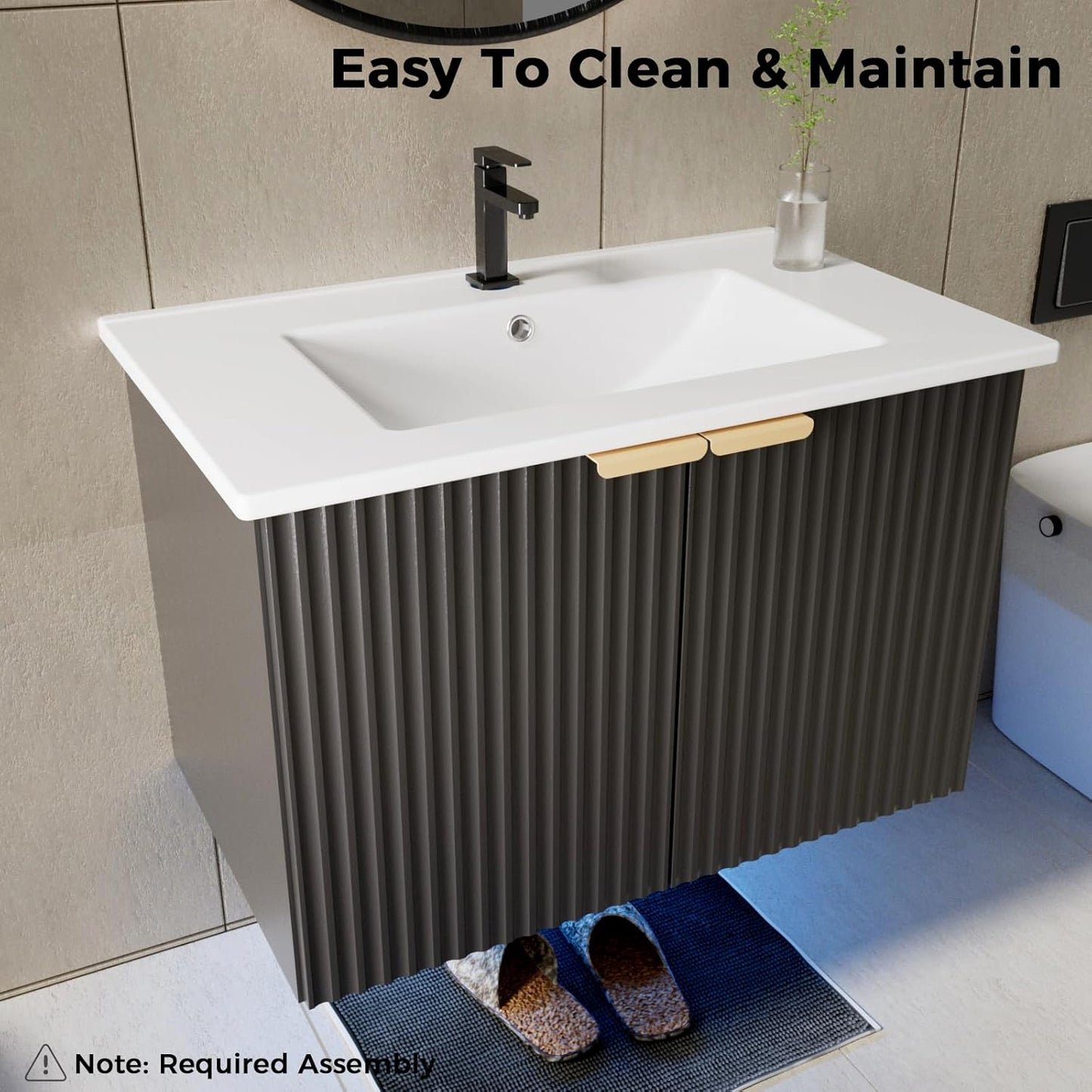 Bathroom Vanity with Sink, 30" Wall Mounted Floating Vanity Cabinet, Modern Bathroom Sinks with LED Light, Metal Handle & Double Soft-Close Doors, Black