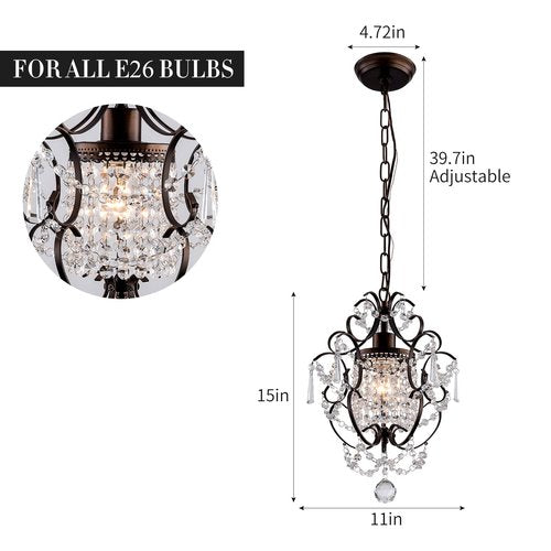 FLSFU Modern Mini Crystal Chandelier,Iron Bronze Crystal Light Fixtures Ceiling Mount 1 Light Small Chandeliers for Bedroom Elegant Hanging Lighting for Girls Room Dining Room Closet Kitchen Island