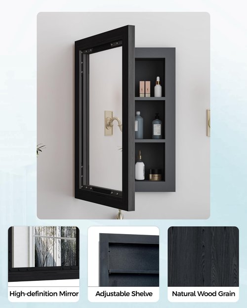 FLYJOE Medicine Cabinet Mirror 16x24 Inch Farmhouse Bathroom Mirror Door Solid Wood Storage Cabinet with Adjustable Shelves, Wall Mounted for Bathroom Living Room, Black