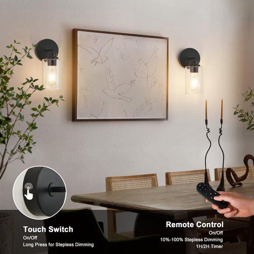 Battery Operated Wall Sconce Set of 2 with Remote Control, Black Rechargeable Wireless Wall Decor Light with Glass Shade, Cordless Wall Lamp for Bedroom Bathroom Mirror Hallway, 3000K Bulbs Include