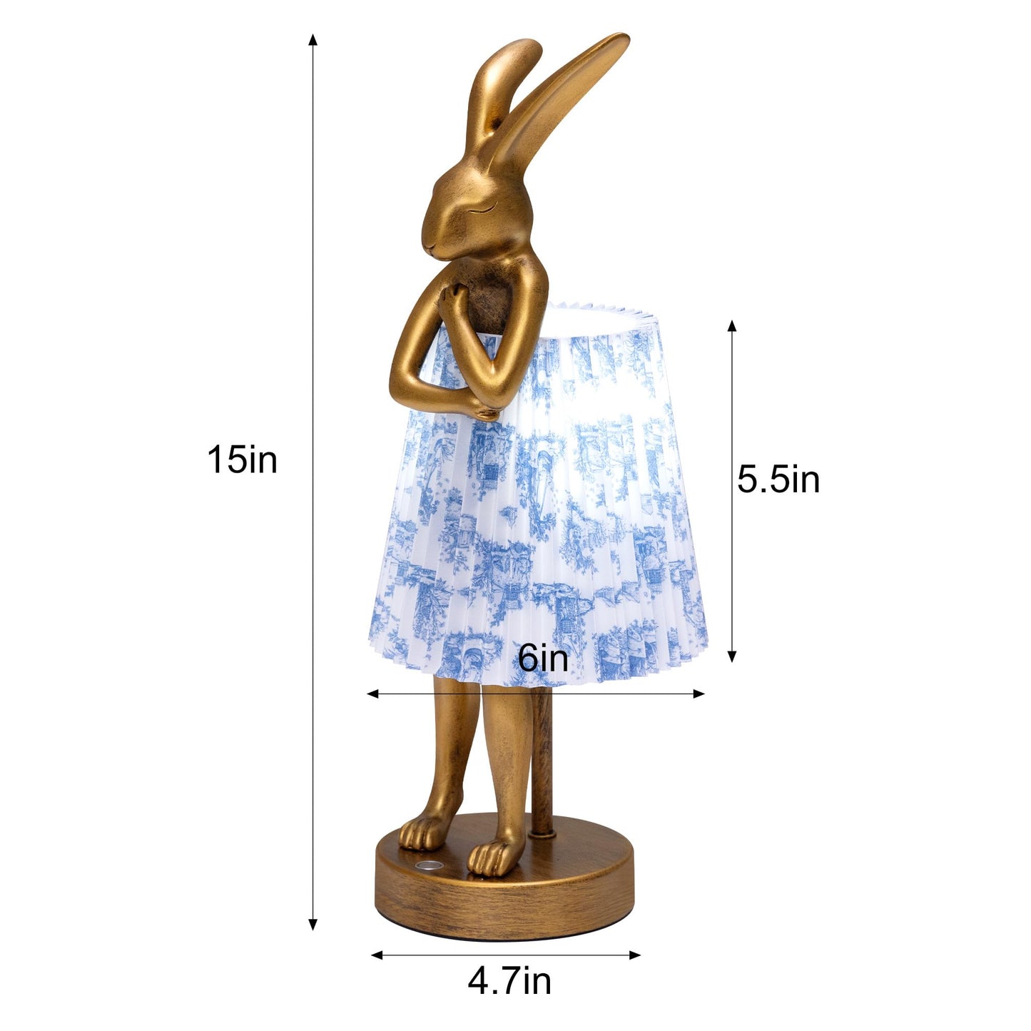 ZenithLight Rabbit Table Lamp Rechargeable, Cordless LED with Linen Shade and Gold Resin Base, Touch Dimmable Wireless Lamp for Bedroom Nightstand Kids Room Nursery Living Room - Pattern