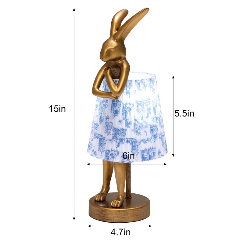 ZenithLight Rabbit Table Lamp Rechargeable, Cordless LED with Linen Shade and Gold Resin Base, Touch Dimmable Wireless Lamp for Bedroom Nightstand Kids Room Nursery Living Room - Pattern