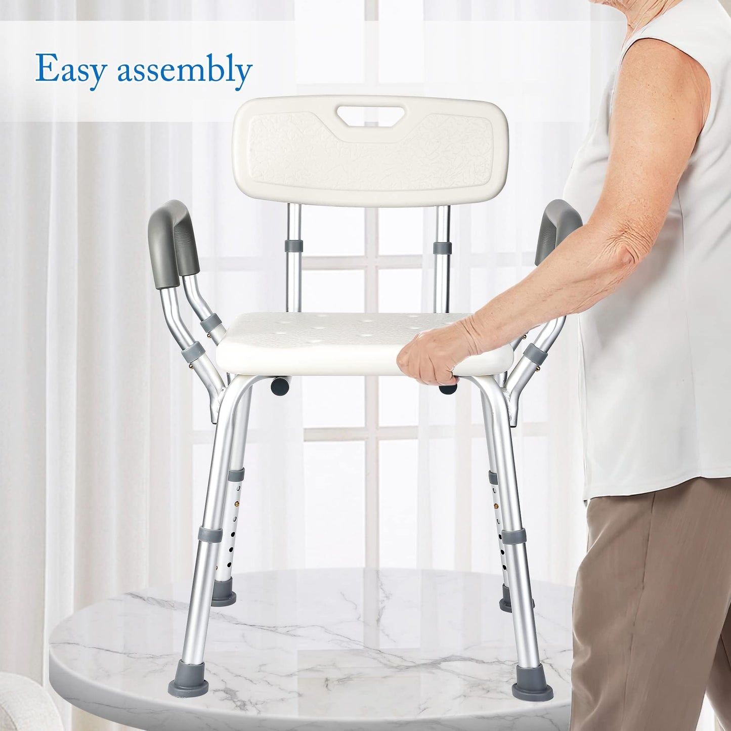 Shower Chair for Inside Shower, Adjustable Height Bath Stool with Nonslip Feet, Tub Chair with Padded Armrests & Back for Elderly and Disabled, 350 Lb Capacity, White